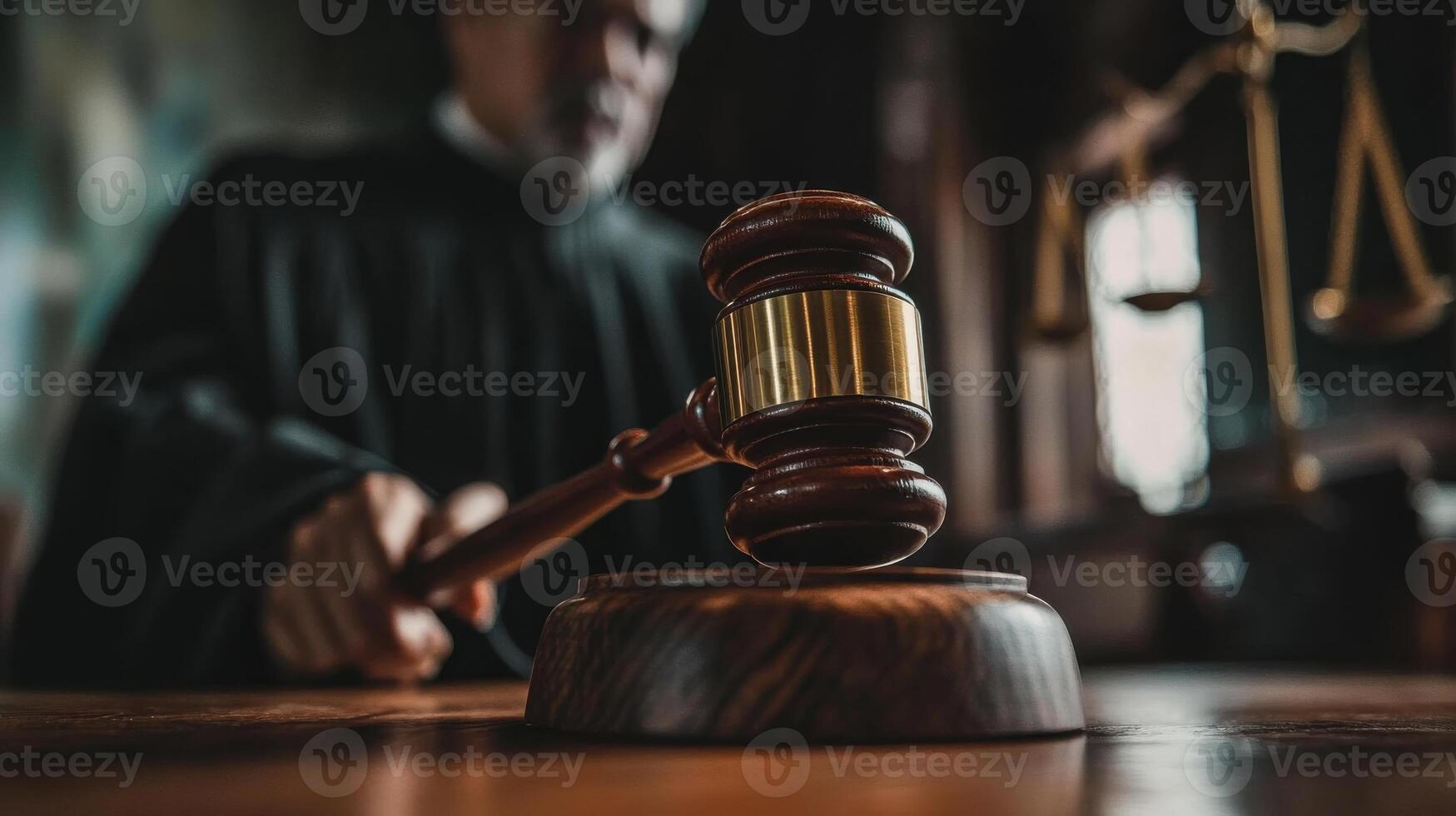Judge gavel on wooden table photo