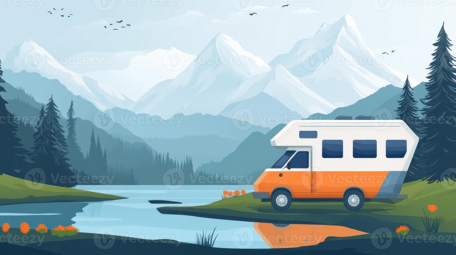 An rv is parked near a lake and mountains photo