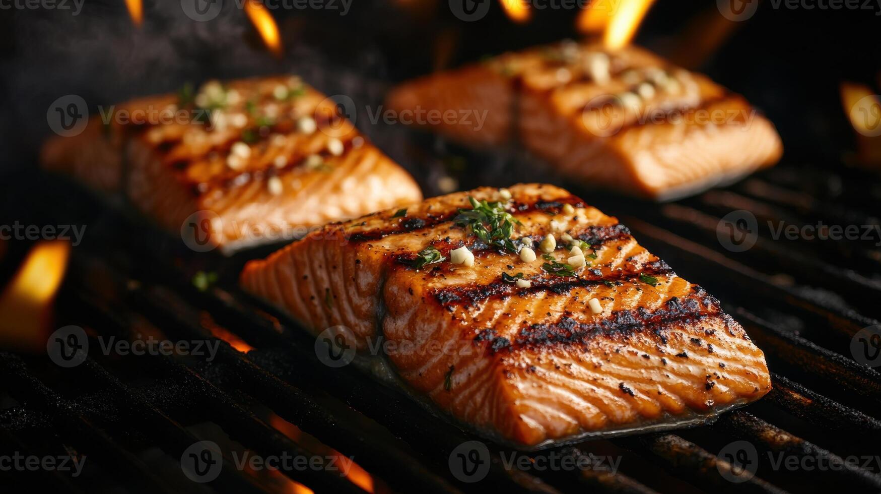 Grilled salmon on the grill photo
