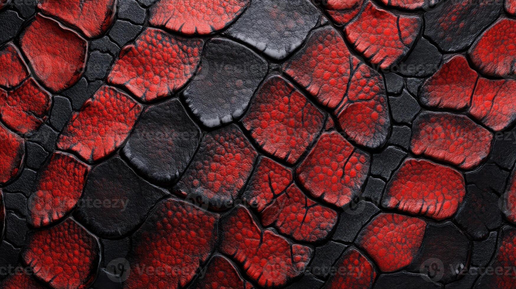 A close up of a red and black snake skin photo