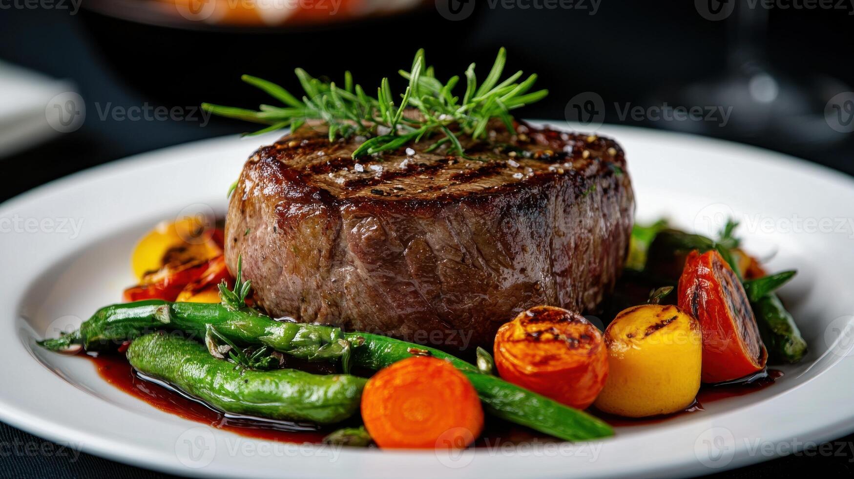 A steak with vegetables on a white plate photo