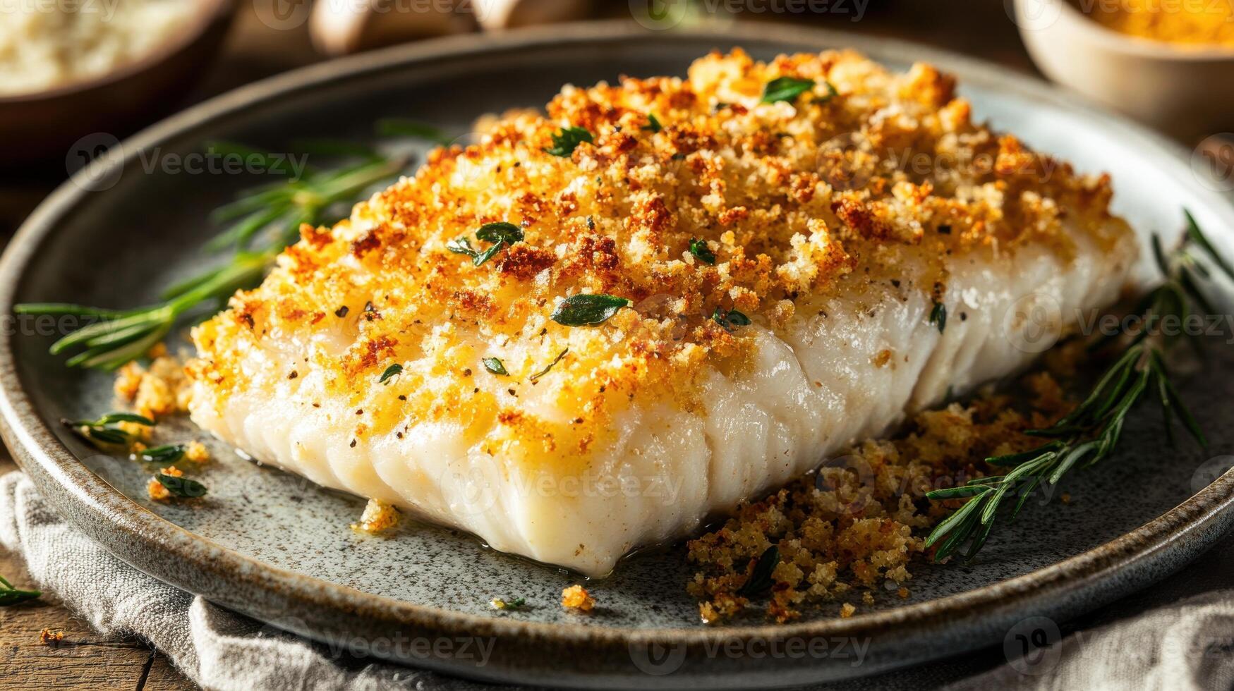 A piece of fish with breadcrumbs on top photo