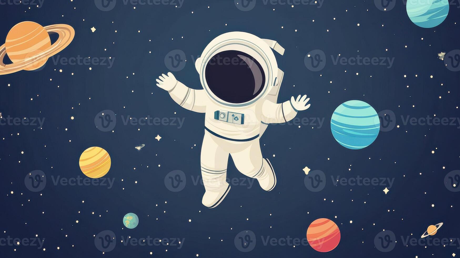 An astronaut floating in space surrounded by planets photo