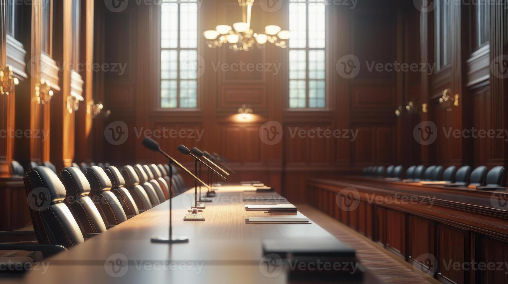 A long table in a courtroom with chairs and microphones photo