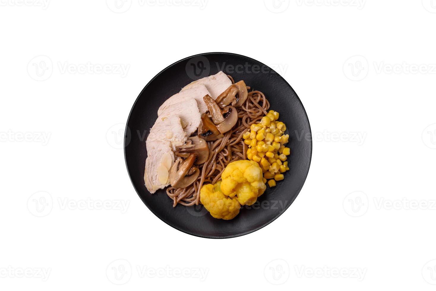Asian dish with sliced chicken fillet, buckwheat noodles, soy sauce photo