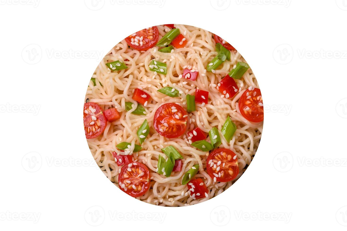 Rice noodles with mushrooms, vegetables, spices and herbs photo