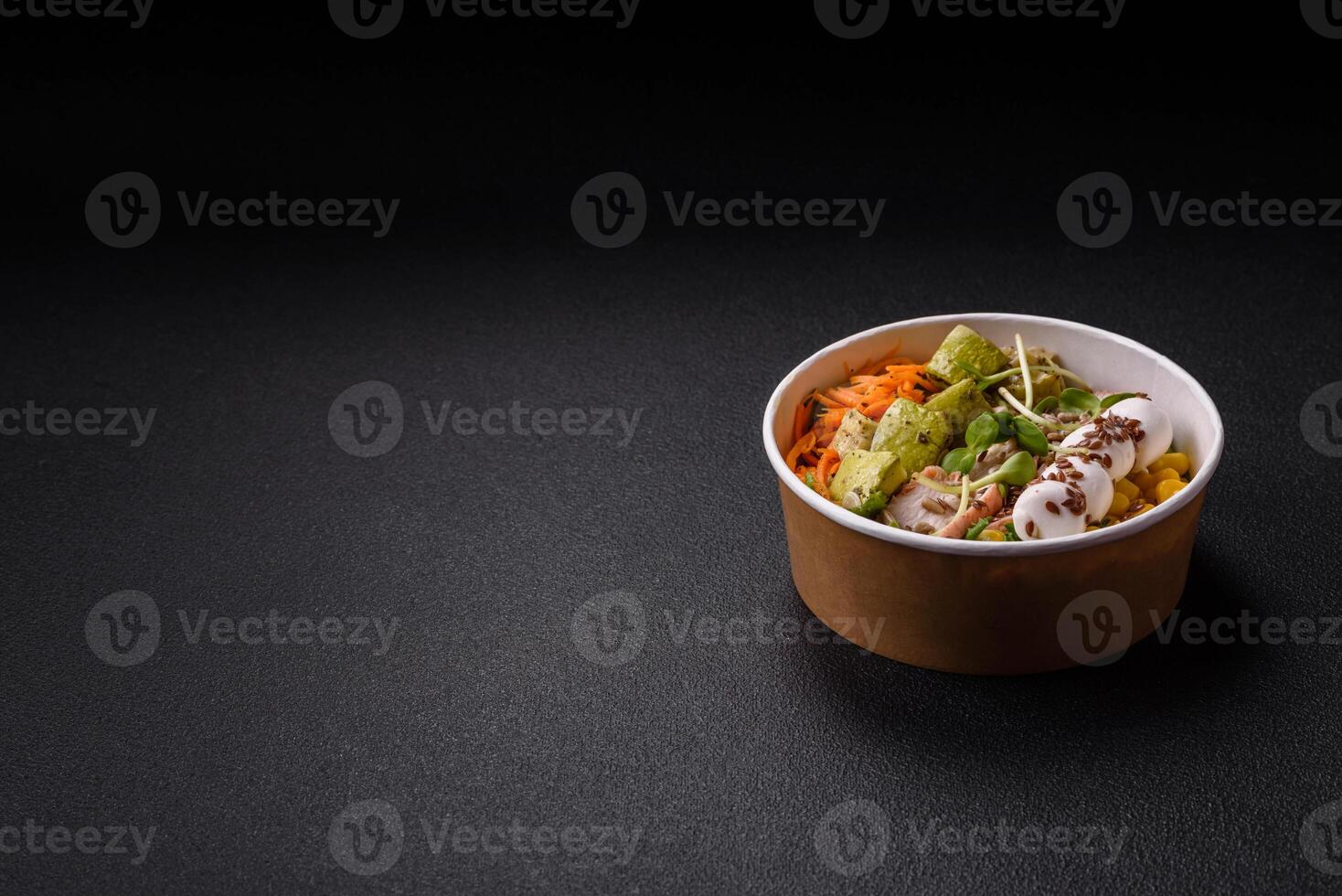 Delicious diet salad with turkey or chicken slices, lettuce, carrots, mozzarella photo