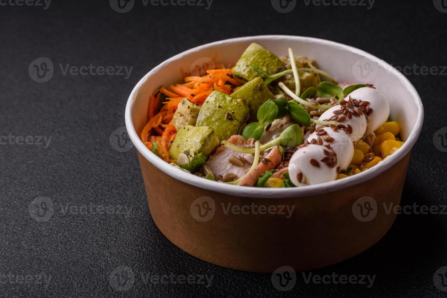 Delicious diet salad with turkey or chicken slices, lettuce, carrots, mozzarella photo