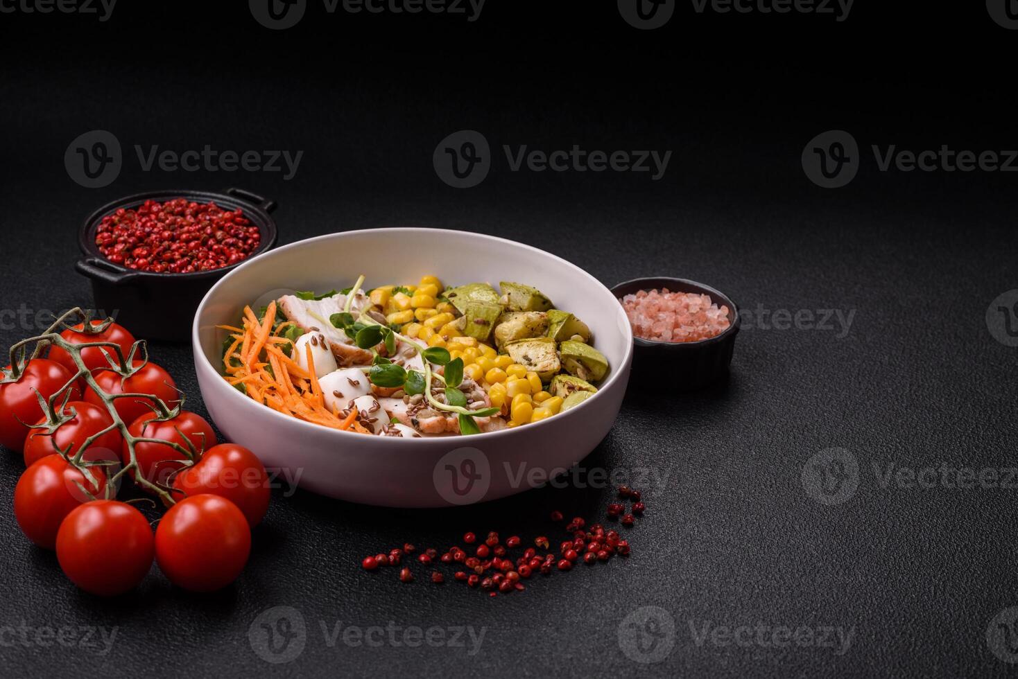 Delicious diet salad with turkey or chicken slices, lettuce, carrots, mozzarella photo