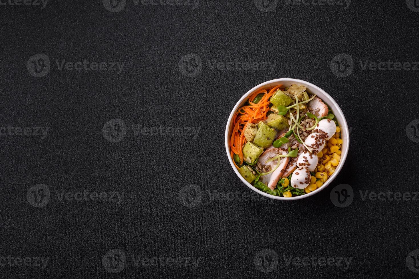 Delicious diet salad with turkey or chicken slices, lettuce, carrots, mozzarella photo