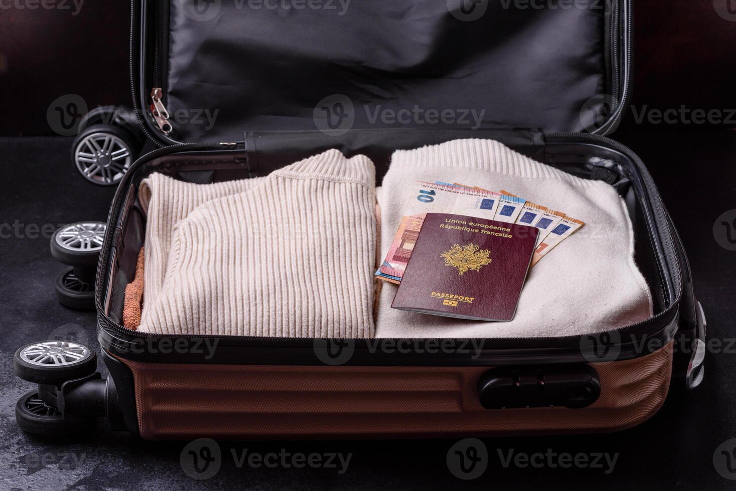 International passport of a French citizen on a suitcase photo