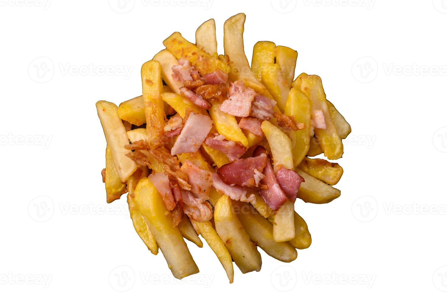 Crispy French fries with pieces of bacon, salt and spices photo