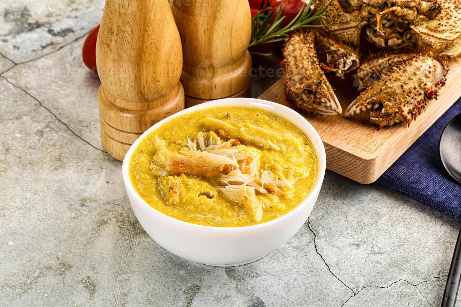 Corn cream soup with crab photo