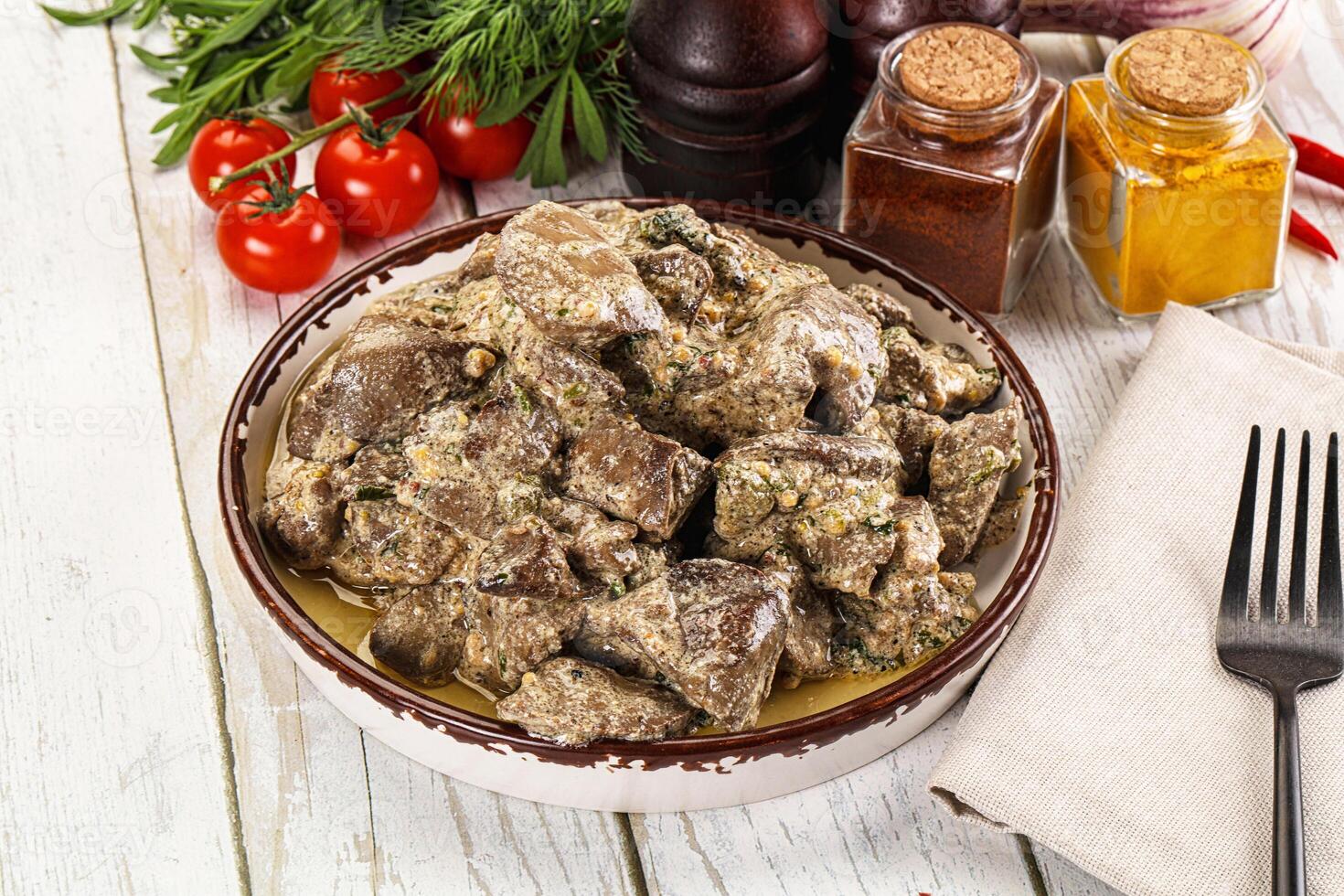 Roasted chicken liver with cream photo