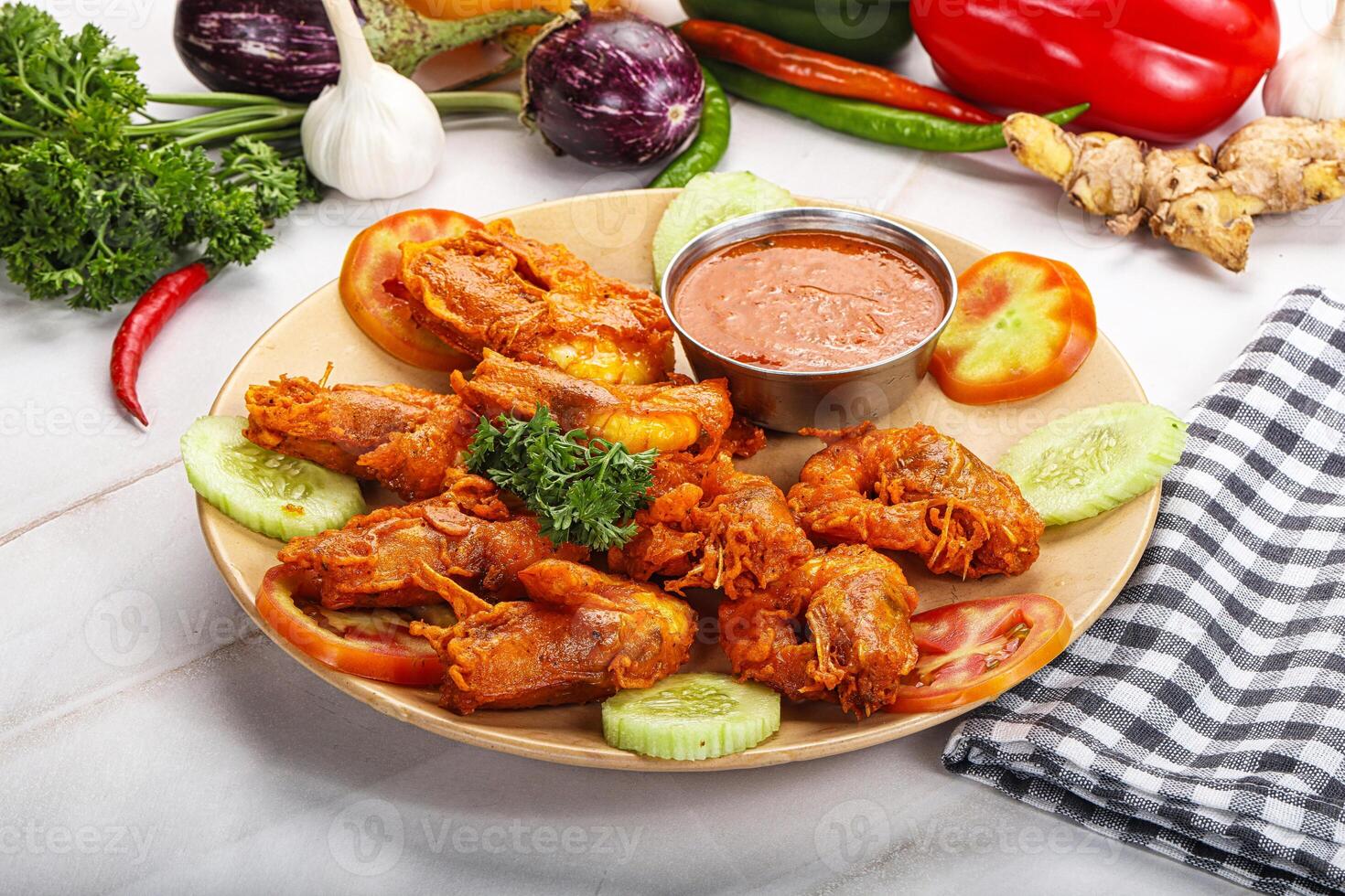Golden fry prawn with sauce photo