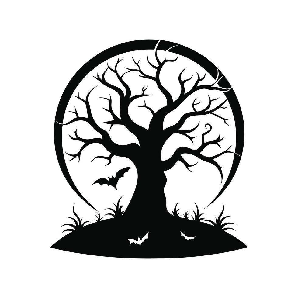 A black and white silhouette of a tree with bats vector