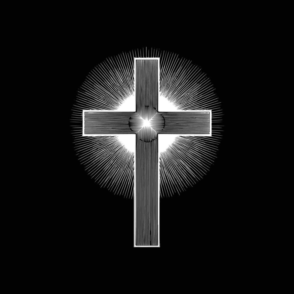 A cross with rays coming out of it on a black background vector