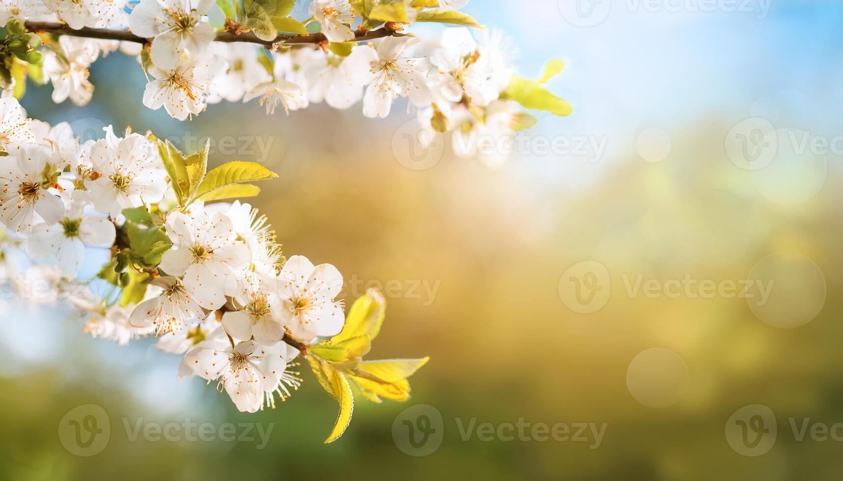 White flowers on a tree branch with a sun shining photo