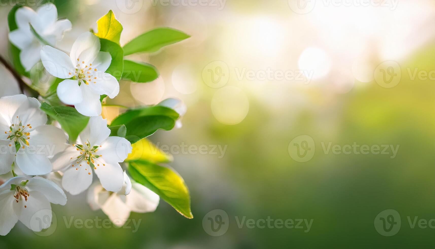 White apple blossom with green leaves and sunlight photo