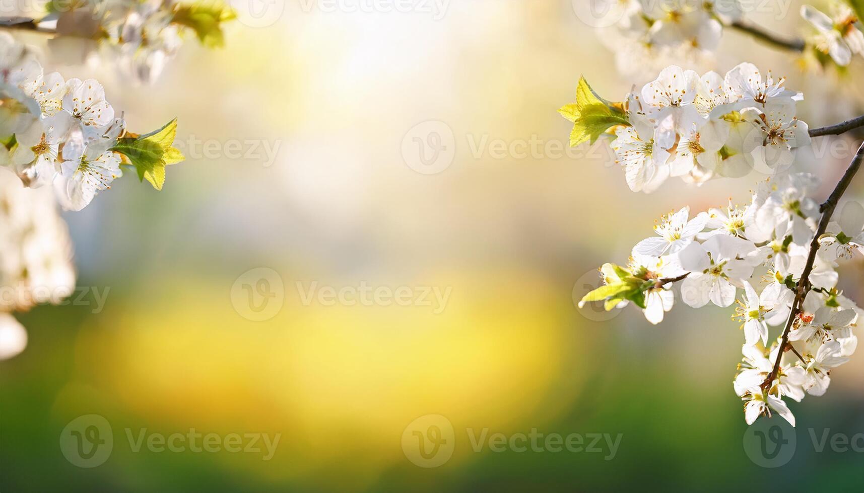 White flowers on a tree branch in the sunlight photo