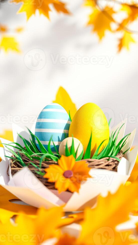 Easter Eggs in a Nest with Yellow Flowers photo