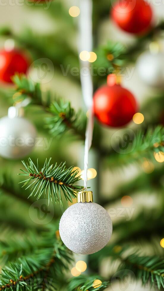 Close up of silver Christmas ornament hanging on a tree with blurry red ornaments in the background photo