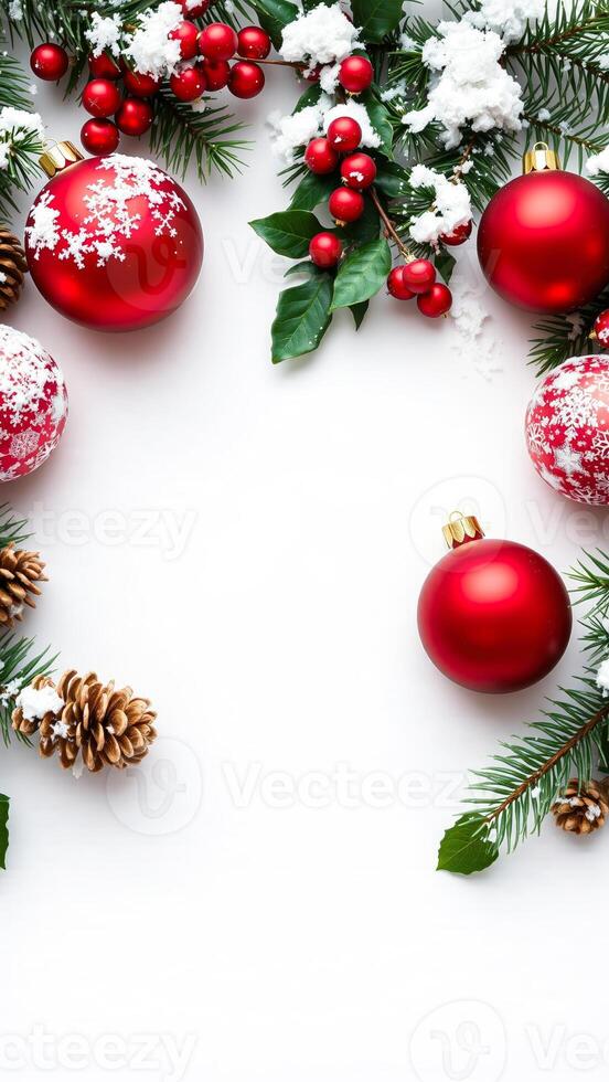 Festive Christmas Background with Red Ornaments and Evergreen Branches photo