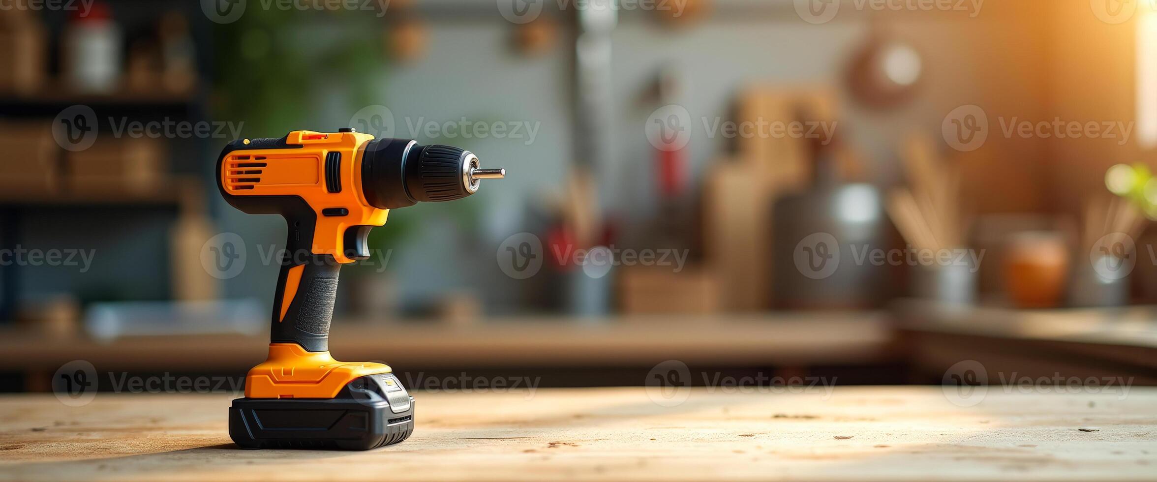 Cordless Drill on Wood Workbench photo