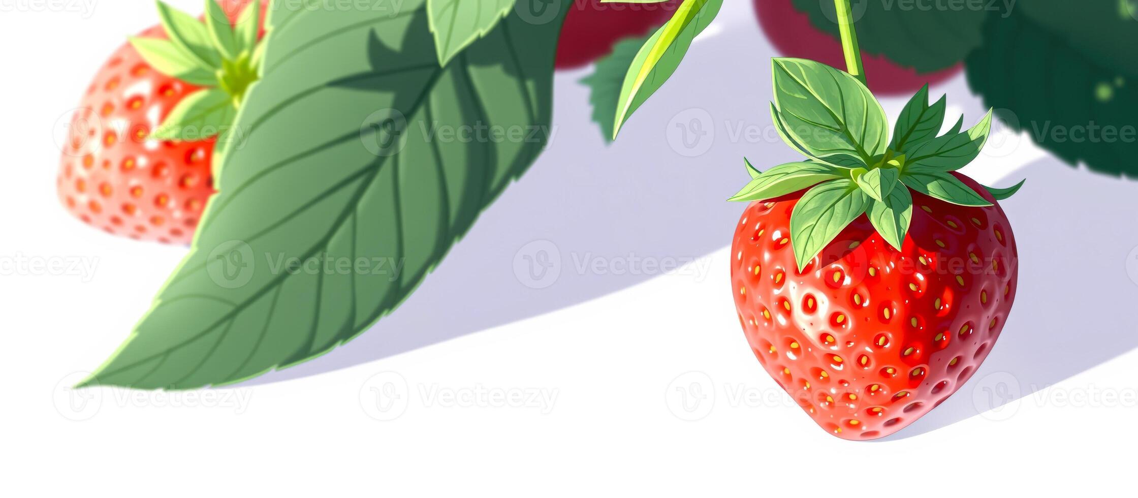 Close Up of Red Ripe Strawberry with Green Leaves photo