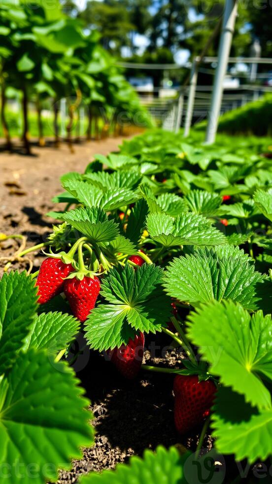 Close Up of Ripe Strawberries Growing in a Garden photo