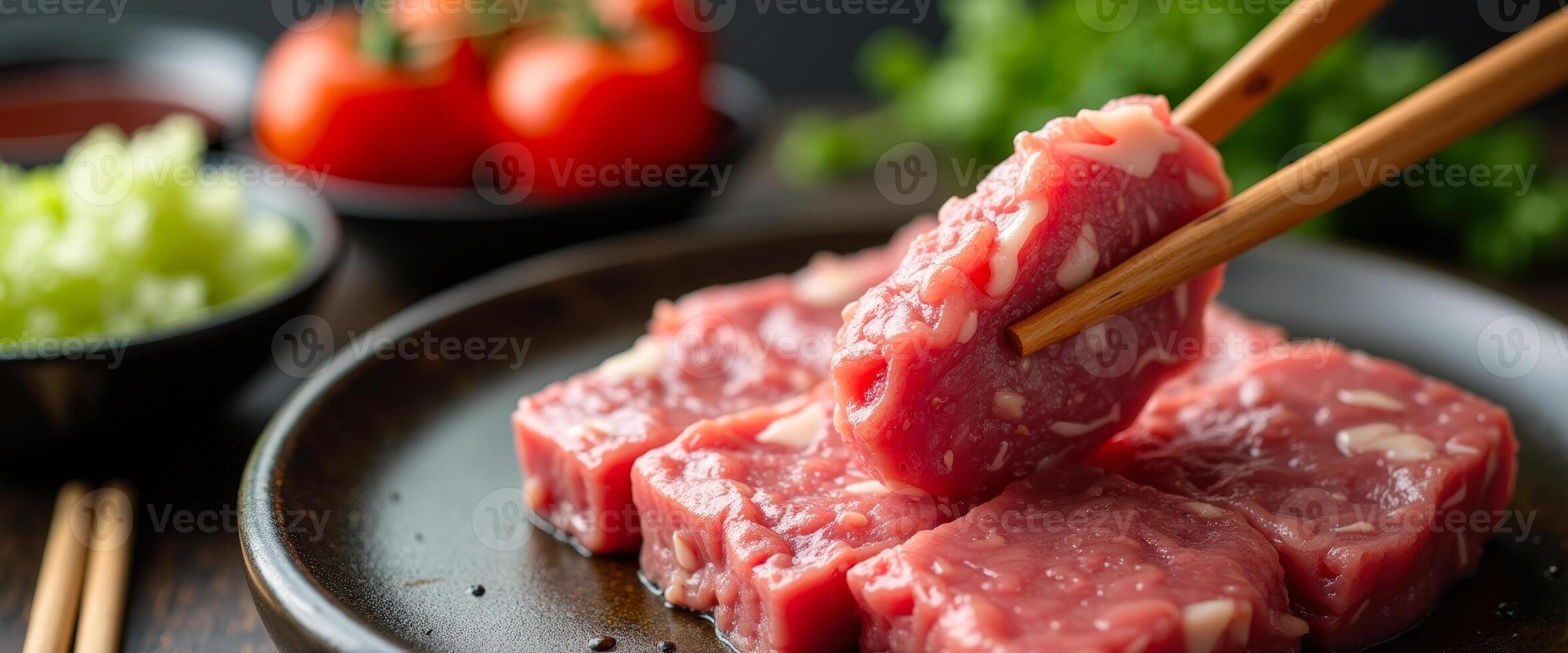 Raw Beef Cubes with Chopsticks photo