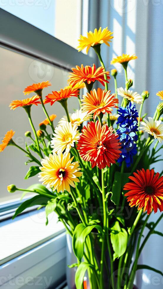 Colorful Gerbera Daisies Bouquet in a Vase Near Window photo