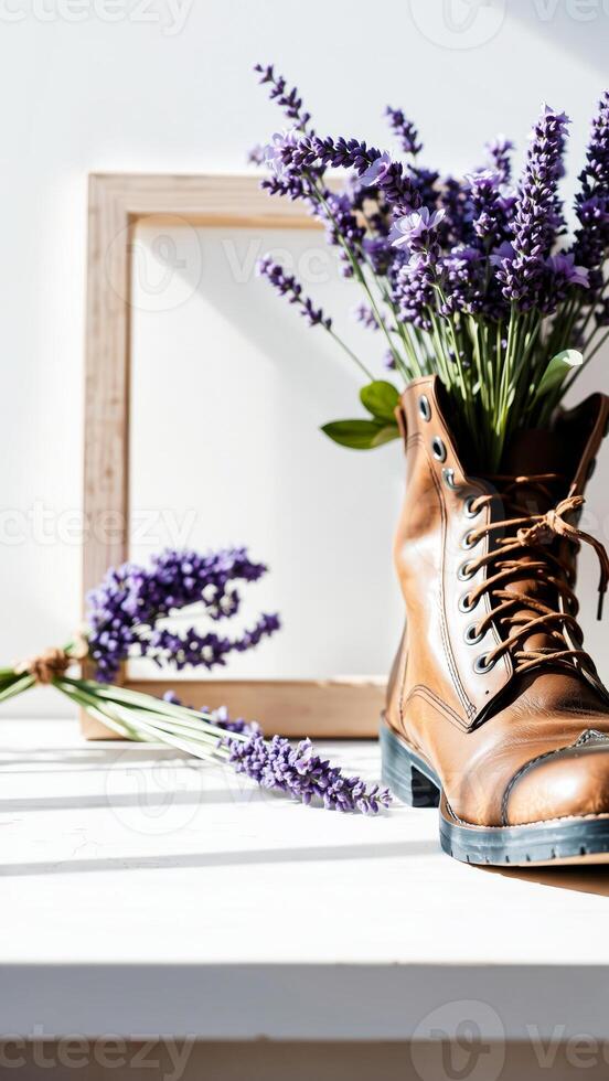 Lavender Flowers in a Brown Boot photo