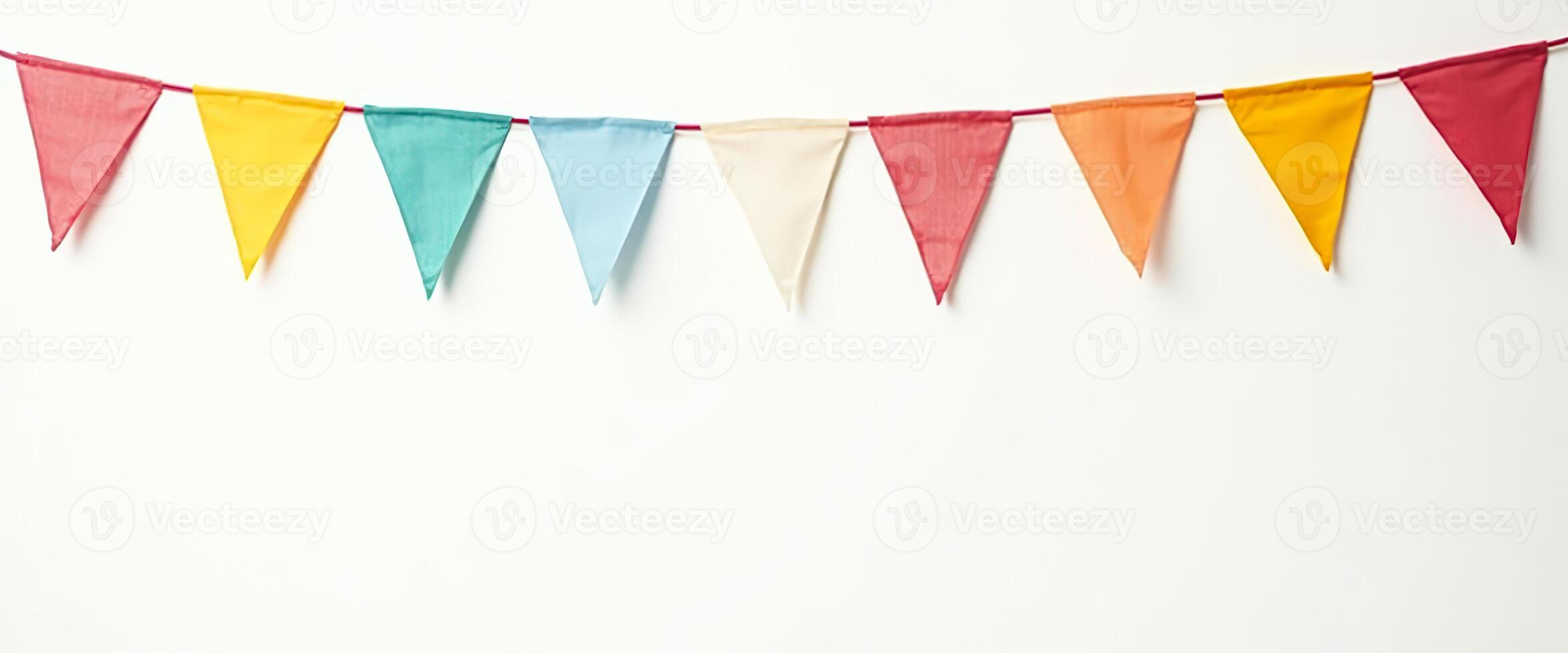 Colorful Party Flags Hanging On A White Wall photo