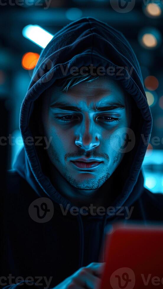 Mysterious Man In Blue Neon Light Using Laptop photo