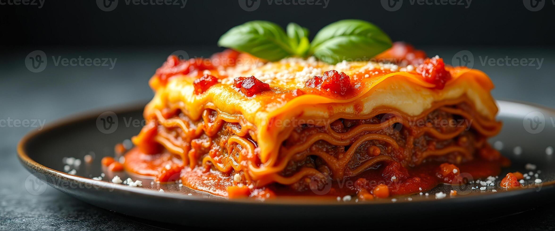 Close Up of Lasagna with Tomato Sauce and Basil photo