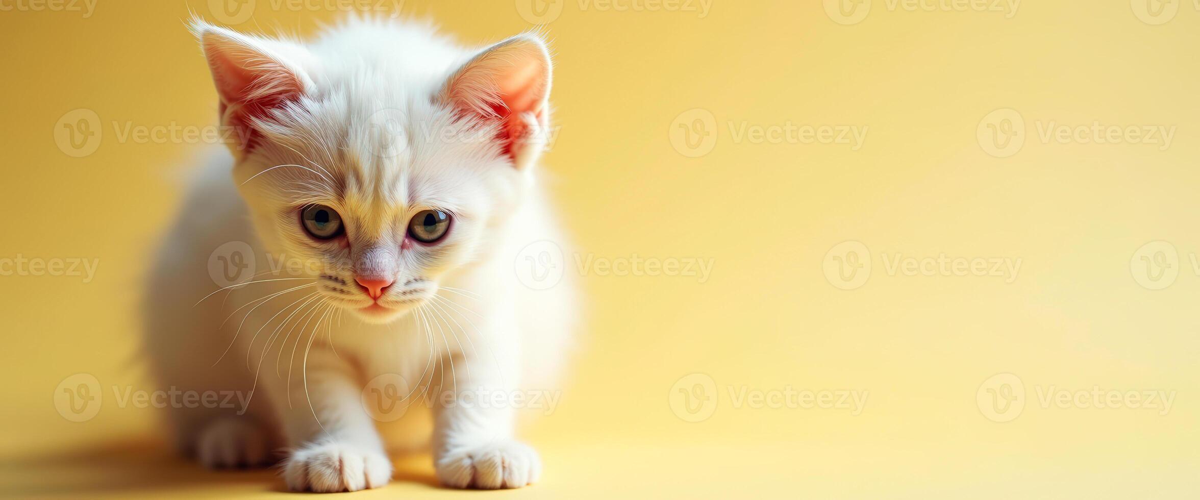 Adorable White Kitten Posing on Yellow Background photo