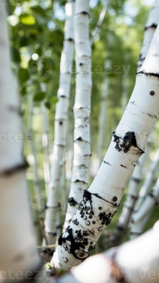 Birch Tree Trunk with Black Spots in Forest photo