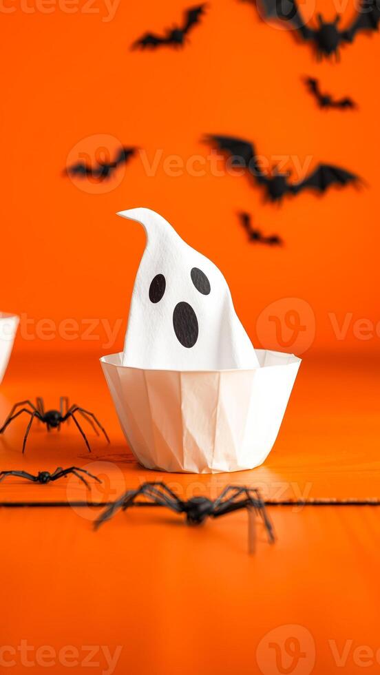 Halloween Ghost in a Bowl with Bats and Spiders on an Orange Background photo