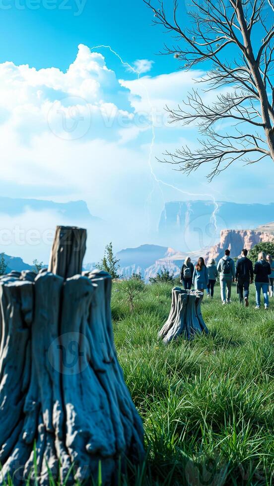 Group Of People Walking Away From Tree Stump Towards Mountains And Lightning photo