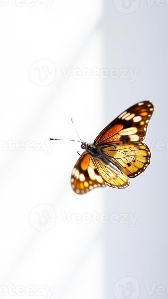 Butterfly with wings spread out against white background photo