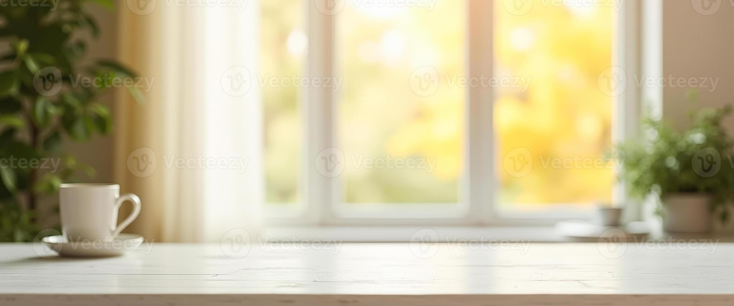 White Table With Cup Of Coffee And Blurred Background photo