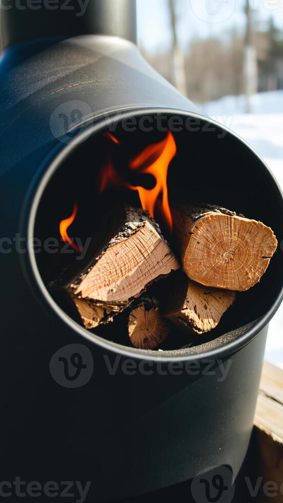 Close-up of Firewood Burning in a Black Metal Fire Pit photo