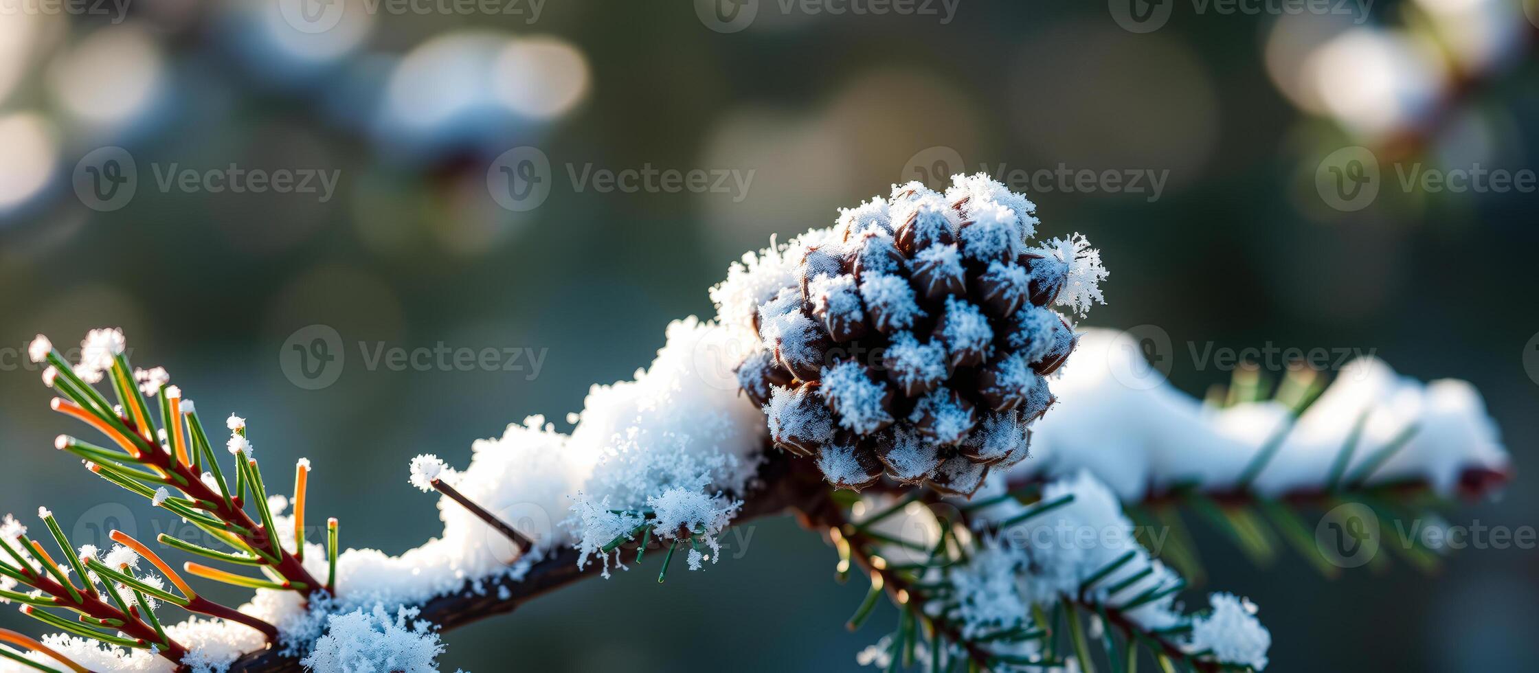 Snow-covered pine cone on a branch photo