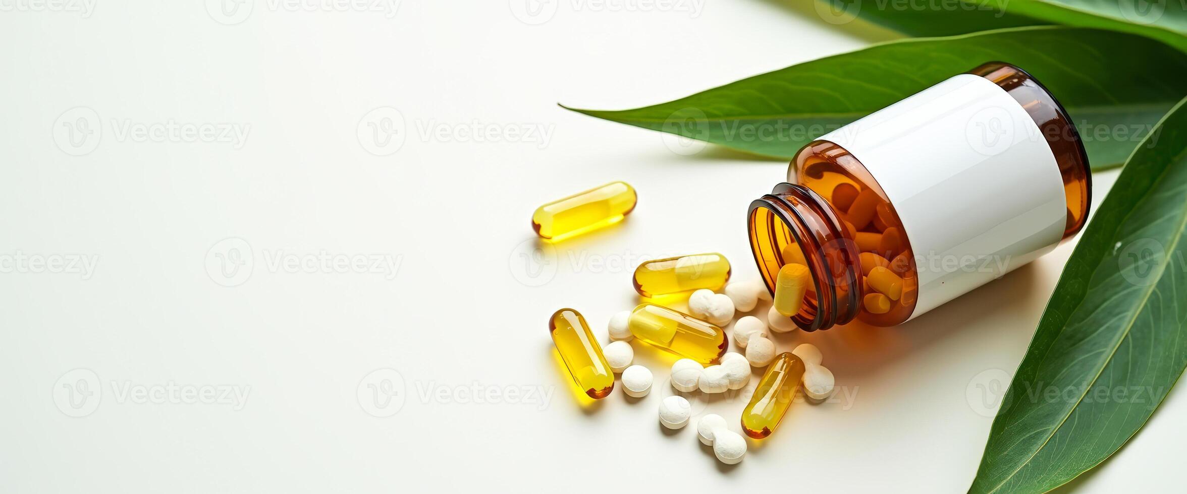 Herbal Supplements with Green Leaf on White Background photo