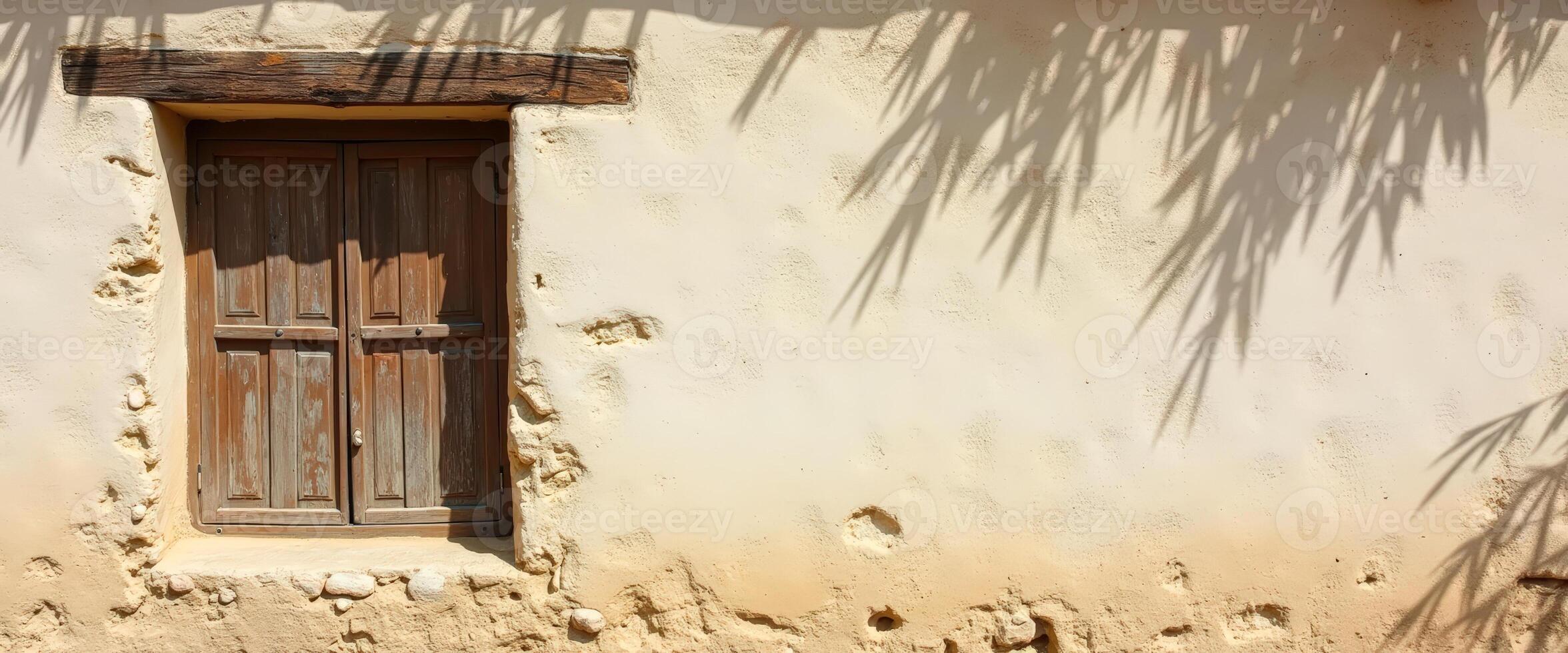 Rustic Window with Palm Tree Shadow on Old Wall photo