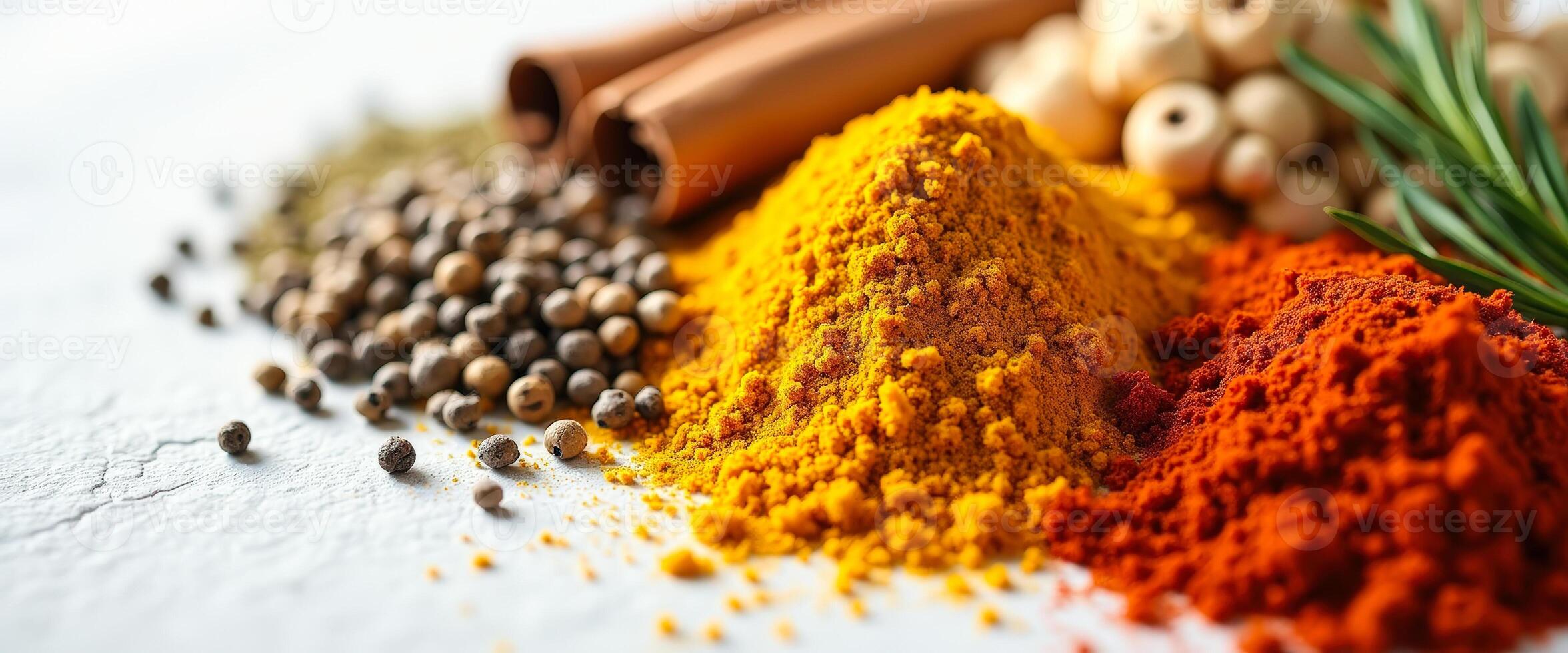 Aromatic Spices and Herbs on White Background photo