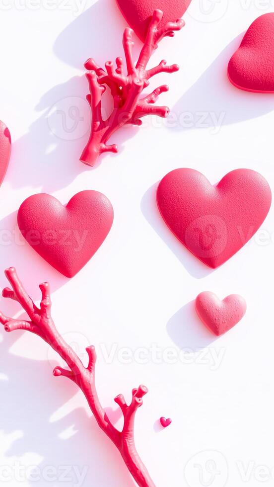 Pink Hearts and Coral Branches on White Background photo