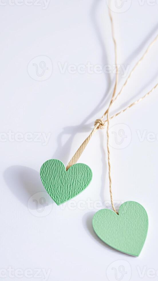 Two green hearts hanging on a string photo