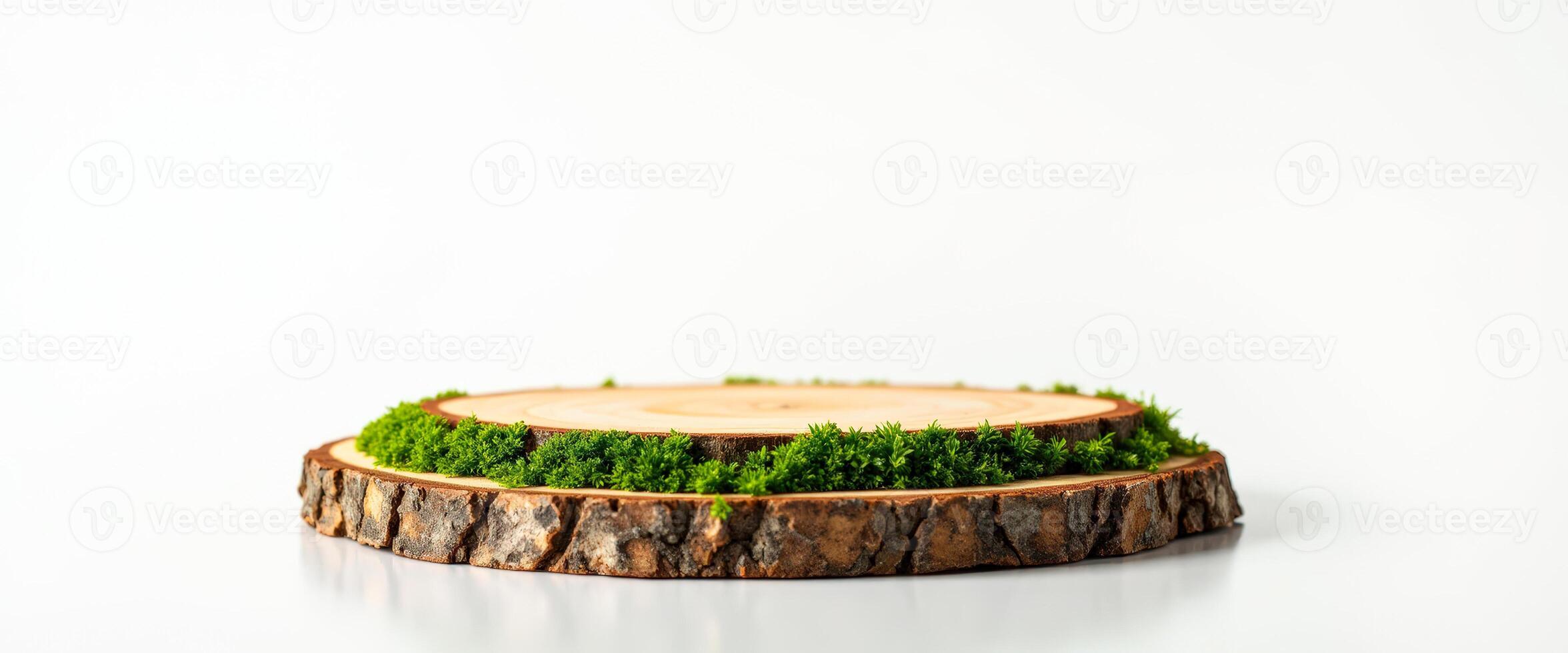 Wooden Round Slice with Moss Border on White Background photo
